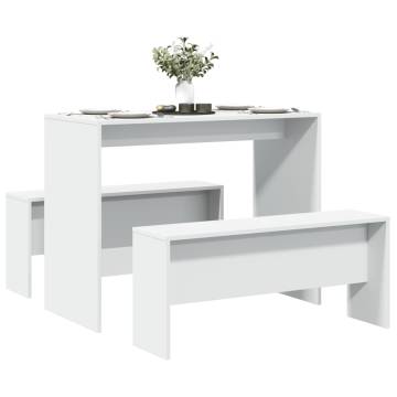 3 Piece Dining Table & Bench Set - White Engineered Wood