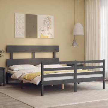 Grey Bed Frame with Headboard - 160x200 cm Solid Wood | Hipo Market