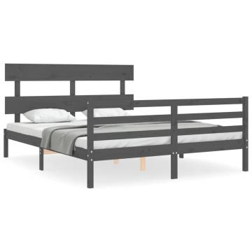 Grey Bed Frame with Headboard - 160x200 cm Solid Wood | Hipo Market