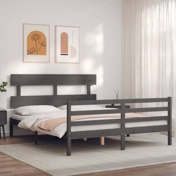 Grey Bed Frame with Headboard - 160x200 cm Solid Wood | Hipo Market