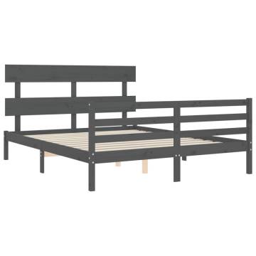 Grey Bed Frame with Headboard - 160x200 cm Solid Wood | Hipo Market