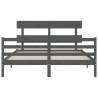 Grey Bed Frame with Headboard - 160x200 cm Solid Wood | Hipo Market