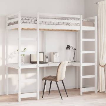 Loft Bed Frame with Desk - White Solid Wood Pine 90x190 cm