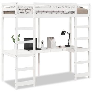 Loft Bed Frame with Desk - White Solid Wood Pine 90x190 cm