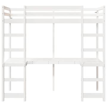 Loft Bed Frame with Desk - White Solid Wood Pine 90x190 cm