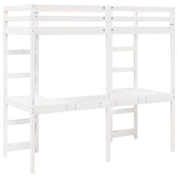 Loft Bed Frame with Desk - White Solid Wood Pine 90x190 cm