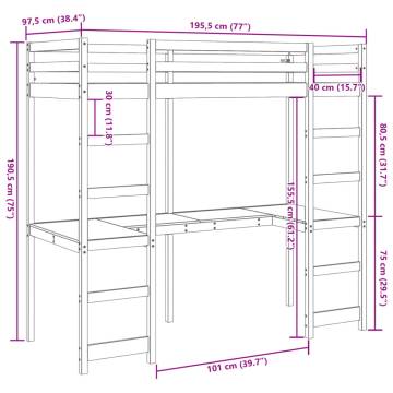 Loft Bed Frame with Desk - White Solid Wood Pine 90x190 cm