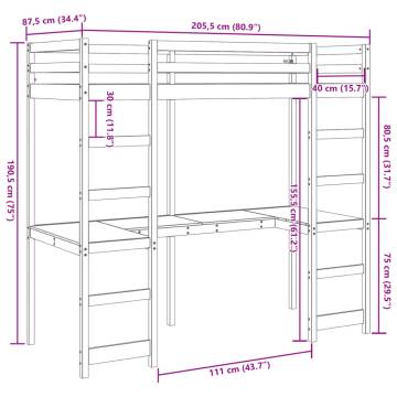 Loft Bed Frame with Desk - Wax Brown Solid Pinewood | HipoMarket