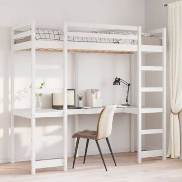 Loft Bed Frame with Desk - White Pine 90x200 cm | HipoMarket