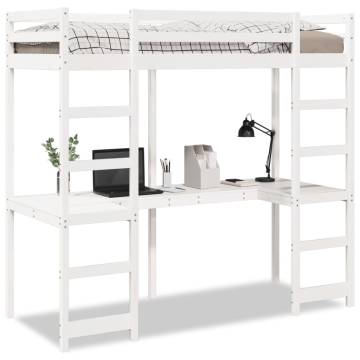 Loft Bed Frame with Desk - White Pine 90x200 cm | HipoMarket