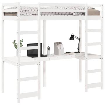 Loft Bed Frame with Desk - White Pine 90x200 cm | HipoMarket