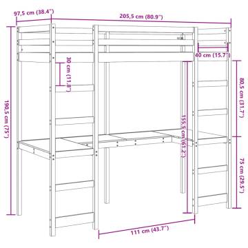 Loft Bed Frame with Desk - White Pine 90x200 cm | HipoMarket