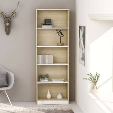 5-Tier Book Cabinet - White & Sonoma Oak | Hipomarket