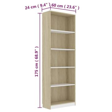 5-Tier Book Cabinet - White & Sonoma Oak | Hipomarket