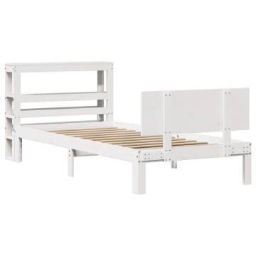 Bed Frame with Storage Headboard - Solid Pine Wood - White