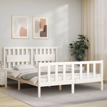 Stylish White Bed Frame with Headboard - 160x200 cm Solid Wood