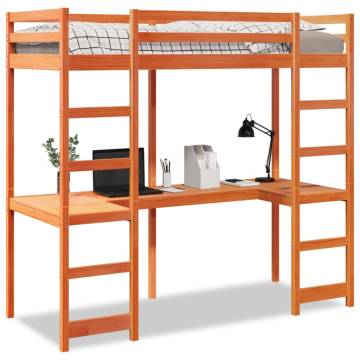 Loft Bed Frame with Desk - Wax Brown Solid Pine 75x190 cm