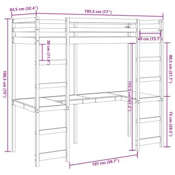 Loft Bed Frame with Desk - Wax Brown Solid Pine 75x190 cm