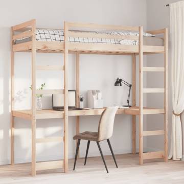 Loft Bed Frame with Desk 75x190 cm - Solid Pine Wood