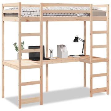 Loft Bed Frame with Desk 75x190 cm - Solid Pine Wood