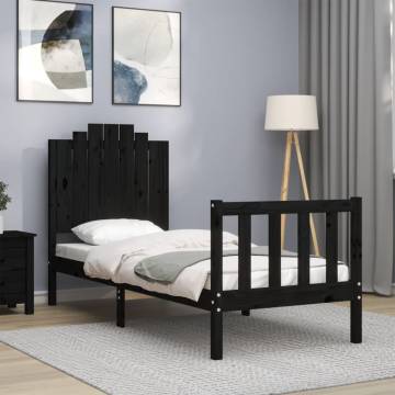 Black Small Single Bed Frame with Headboard - Solid Wood