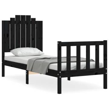 Black Small Single Bed Frame with Headboard - Solid Wood