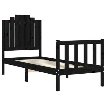 Black Small Single Bed Frame with Headboard - Solid Wood