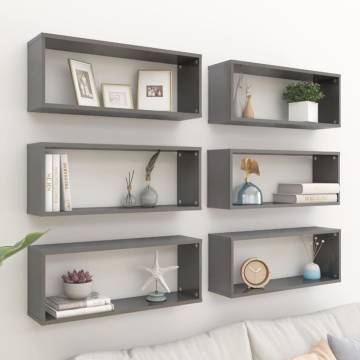 Wall Cube Shelf Set - High Gloss Grey 6 pcs | Hipomarket UK