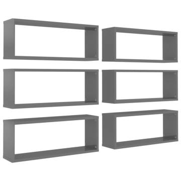 Wall Cube Shelf Set - High Gloss Grey 6 pcs | Hipomarket UK