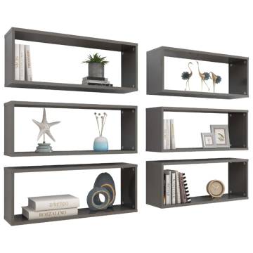 Wall Cube Shelf Set - High Gloss Grey 6 pcs | Hipomarket UK