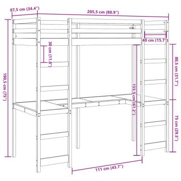 Loft Bed Frame with Desk White - 80x200 cm Solid Pine Wood