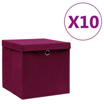 10 Dark Red Folding Storage Boxes with Covers - Hipo Market