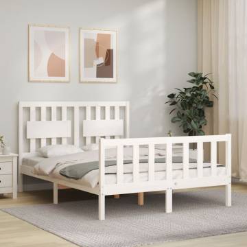 White Double Bed Frame with Headboard - Solid Pine Wood