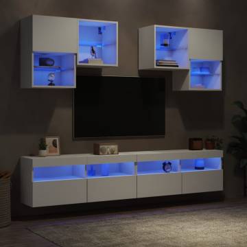 6 Piece TV Wall Cabinet Set with LED Lights - White