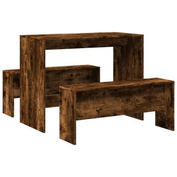 3 Piece Smoked Oak Dining Table & Bench Set - Elegant Design