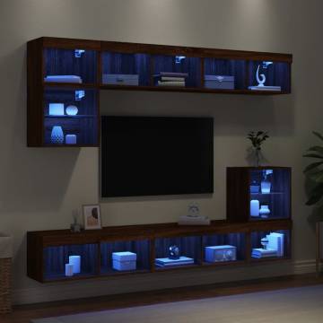 8 Piece TV Wall Units with LED - Brown Oak Design