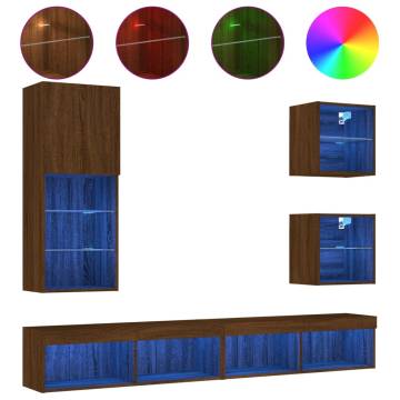 5 Piece TV Wall Units with LED - Brown Oak Wood | HipoMarket