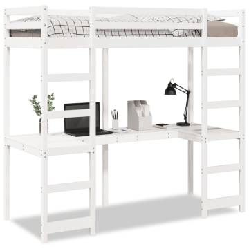 Loft Bed Frame with Desk - White Solid Pine 75x190 cm