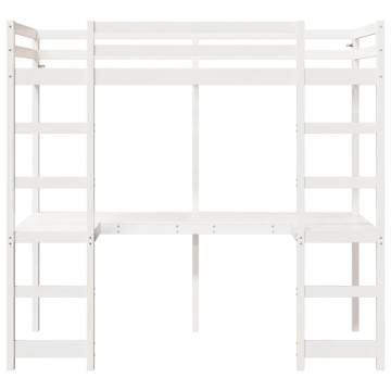 Loft Bed Frame with Desk - White Solid Pine 75x190 cm