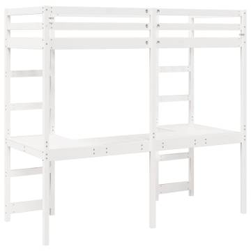 Loft Bed Frame with Desk - White Solid Pine 75x190 cm