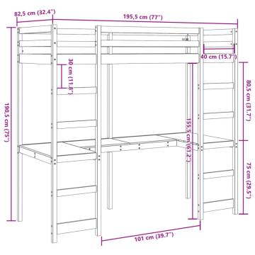 Loft Bed Frame with Desk - White Solid Pine 75x190 cm