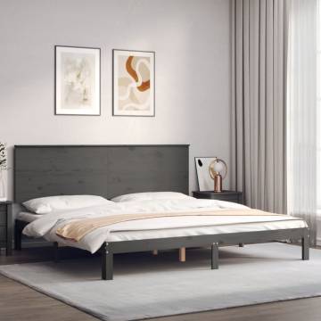 Grey Bed Frame with Headboard - Solid Wood 200x200 cm