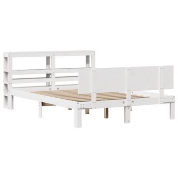 White Double Bed Frame with Headboard - 135x190 cm Solid Pine