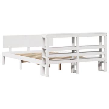 White Double Bed Frame with Headboard - 135x190 cm Solid Pine