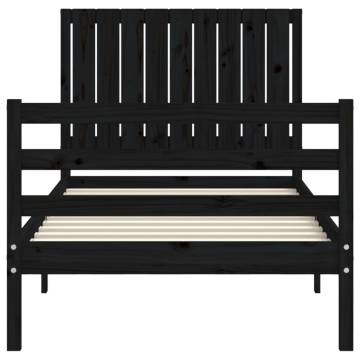 Black Single Solid Wood Bed Frame with Headboard - Hipomarket