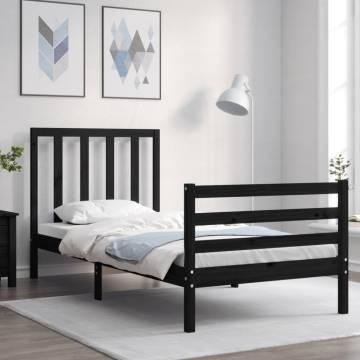 Black Small Single Bed Frame with Headboard - Solid Wood