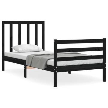 Black Small Single Bed Frame with Headboard - Solid Wood