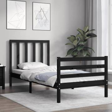 Black Small Single Bed Frame with Headboard - Solid Wood