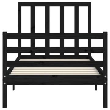 Black Small Single Bed Frame with Headboard - Solid Wood