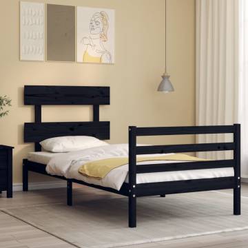 Black Small Single Bed Frame with Headboard - Solid Wood